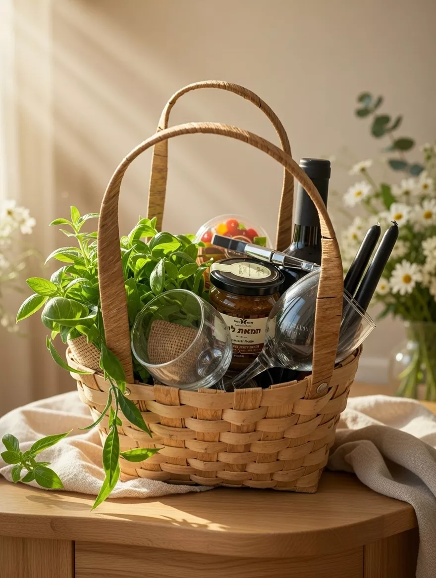 סל עץ קלוע עמוס במתנות לזוג: יין, כוסות יין, עציץ תבלין ירוק וממרחי בוטיק משוק תלפיות - מארז יוקרתי של דוניה