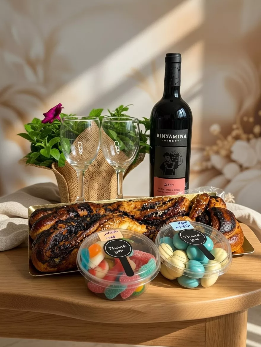 סט מתנה ליום הולדת בסטייל: בקבוק יין יקבי בנימינה, זוג כוסות יין, עוגת שמרים שוקולד טרייה מהשוק, עציץ פרחים וסוכריות גומי.